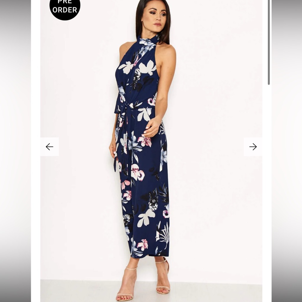 Navy Floral High Neck Print Jumpsuit With Tie Front